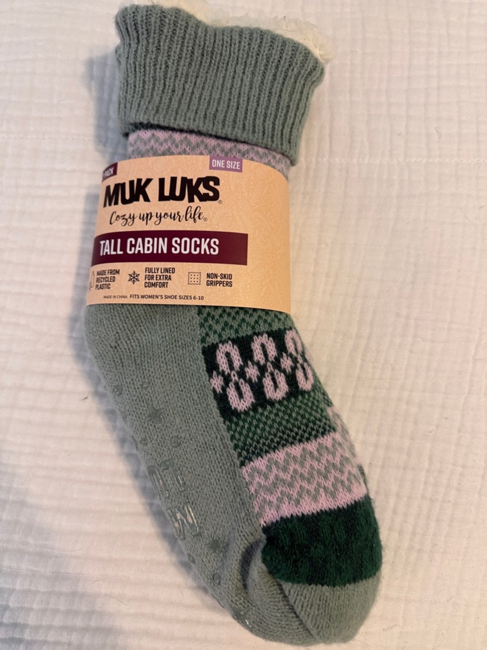 Muk Luks Tall Cabin Socks - Green & Pink Patterned Fleece-Lined